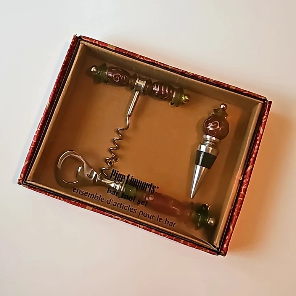 Vintage Pier 1 Imports Handmade Glass 3 Piece Bar Tools Set NIB Retro Barware